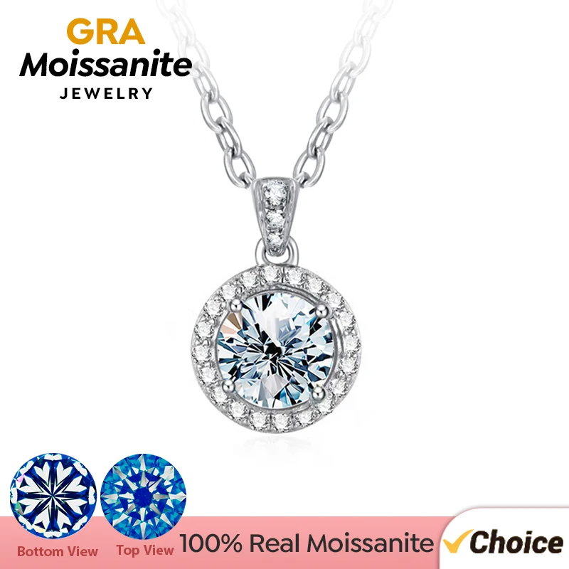 GRA Real 1CT Luxury Round Moissanite Diamond Necklace for Women Original 925 Sterling Silver Chain Pendant Wedding Fine Jewelry