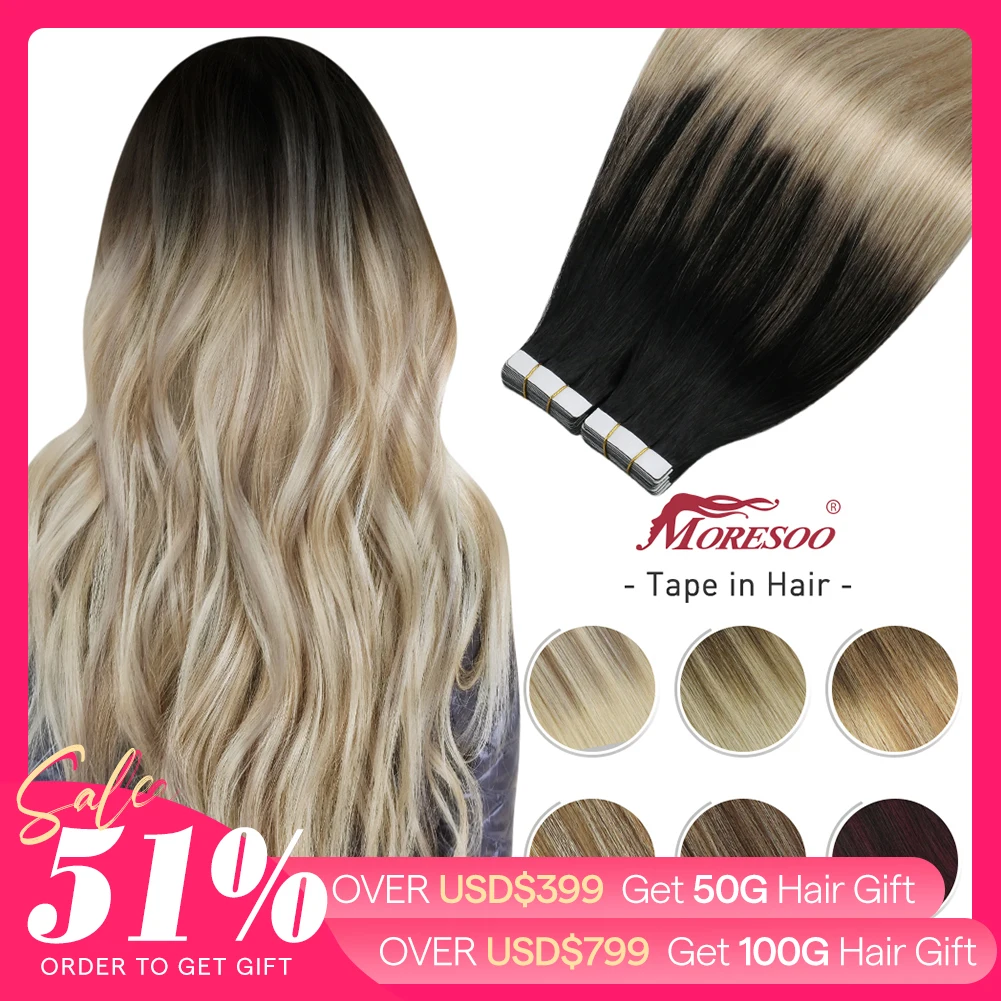 Moresoo Tape in Human Hair Extensions Balayage Blonde Hair Remy Hair Natural Soft Skin Weft Straight Seamless Hair Tape in Hair