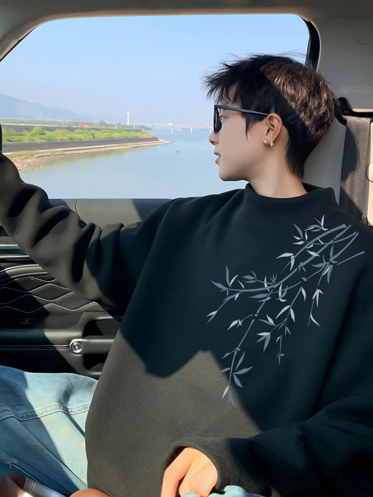 

Spring Autumn Simplicity Youth Boy Loose White Gentle Chinese Style Long Sleeved Top Printed Bamboo Casual Sports Soft Pullover