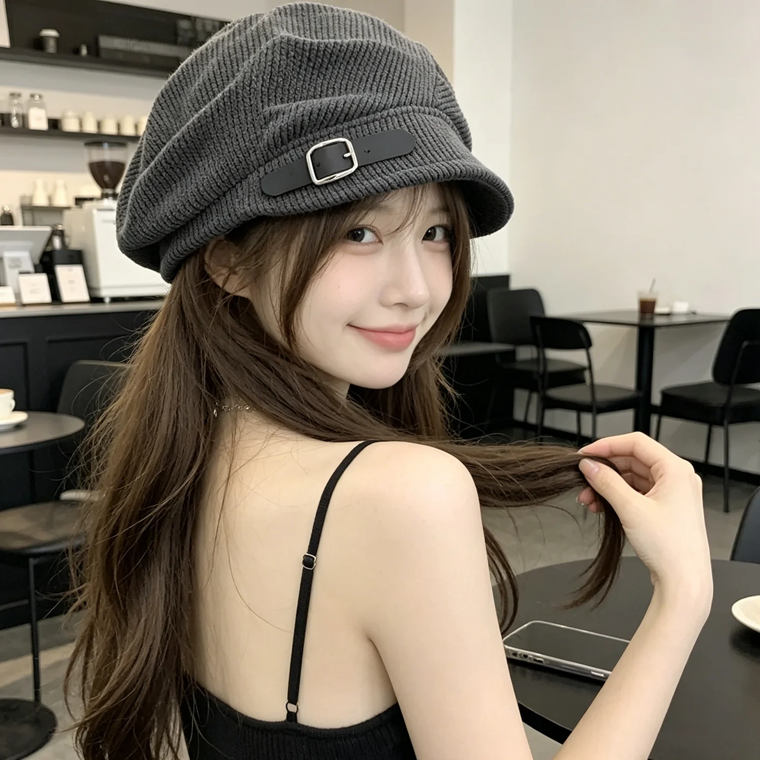 Y2K Corduroy Octagonal Beret Unisex Metal Buckle Strap Soft Loose Fit Casual Street Fashion Daily Outdoor Sun Hat for Men Women