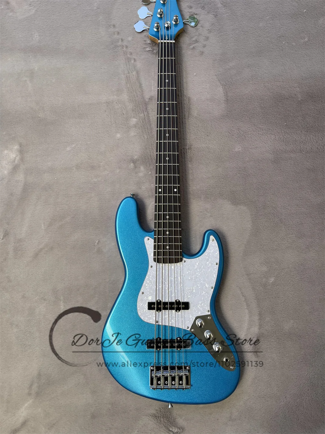 Metal Blue Bass Guitar 5 Strings Basswood Body White Pearl Pickguard Rosewood Fingerboard  Maple Neck