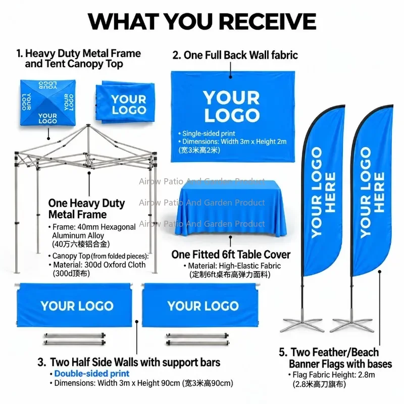 Custom Logo 10x10FT Pop Up Canopy Tent 4 Package Options Double Sided Printed Side Walls Frame Roof Trade Show Booth Free Design