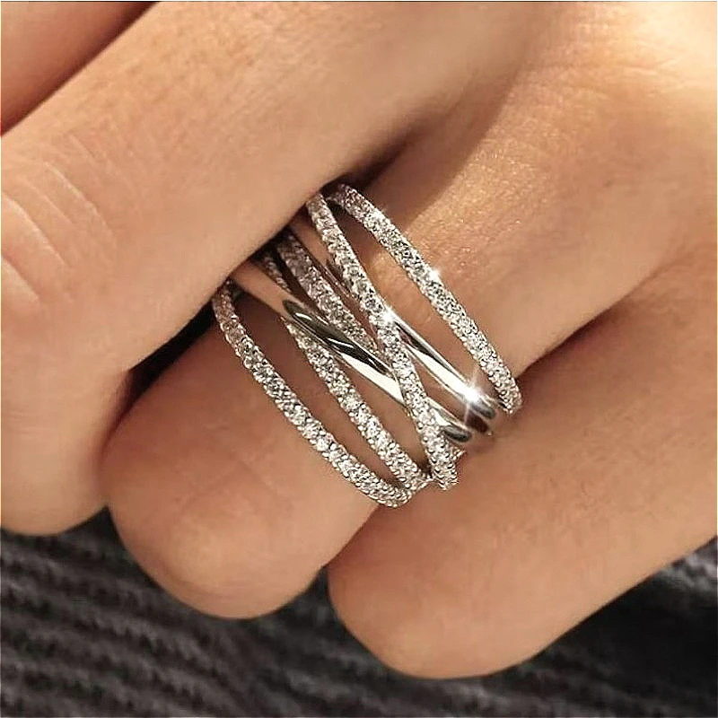 Minimalistischer Stil, eingelegter synthetischer Zirkonia, mehrschichtiger silberner Ring für Damen und Herren, modisch, klassisch, für Bankett, Jahrestag, Schmuck, Geschenke