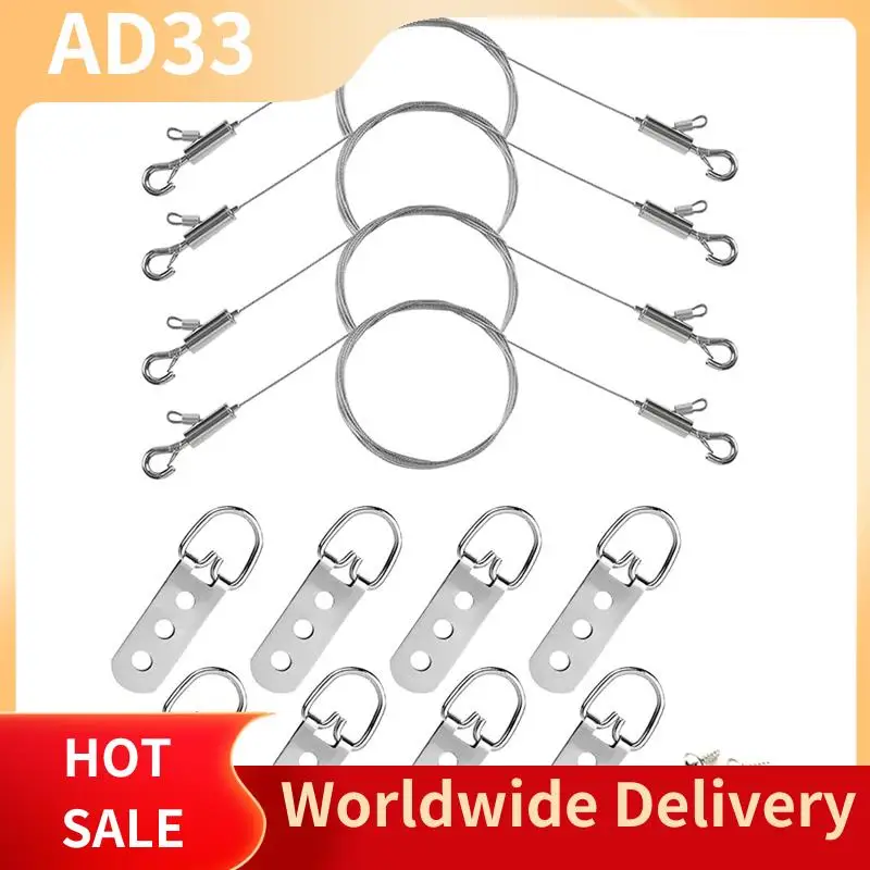 Lightweight Adjustable Picture Hanging Wire And D Rings With Small Clips, 8Pcs 3-Hole D Rings With Screws For Mirror/ Frame