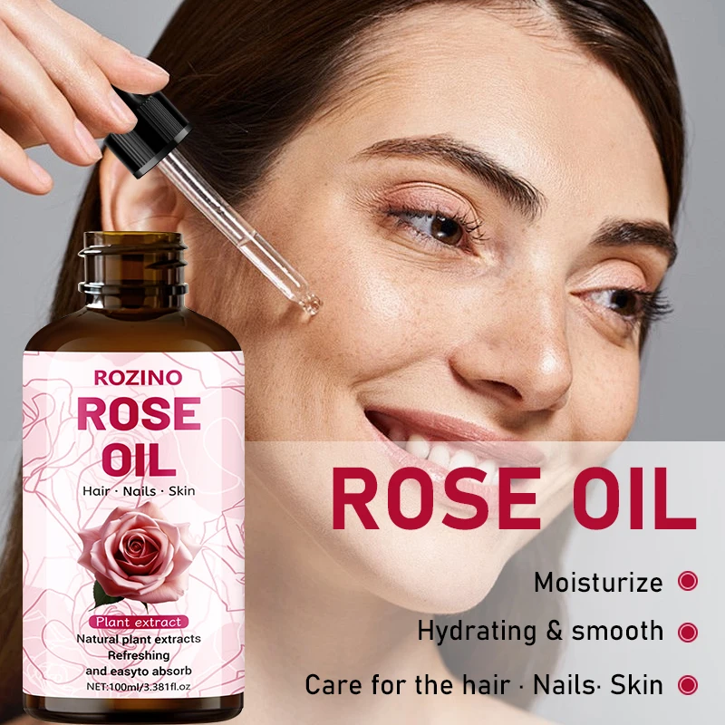 Rozino Rose Essential Oil for Skin and Hair Care - Hypoallergenic Formula Suitable for All Skin Types, Deeply Moisturizing and Nourishing, Universal Oil for Face and Body, Suitable for Dry, Oily, and Acne-Prone Skin, Also Can Be Used for Massage, Nail and Eyelash Care