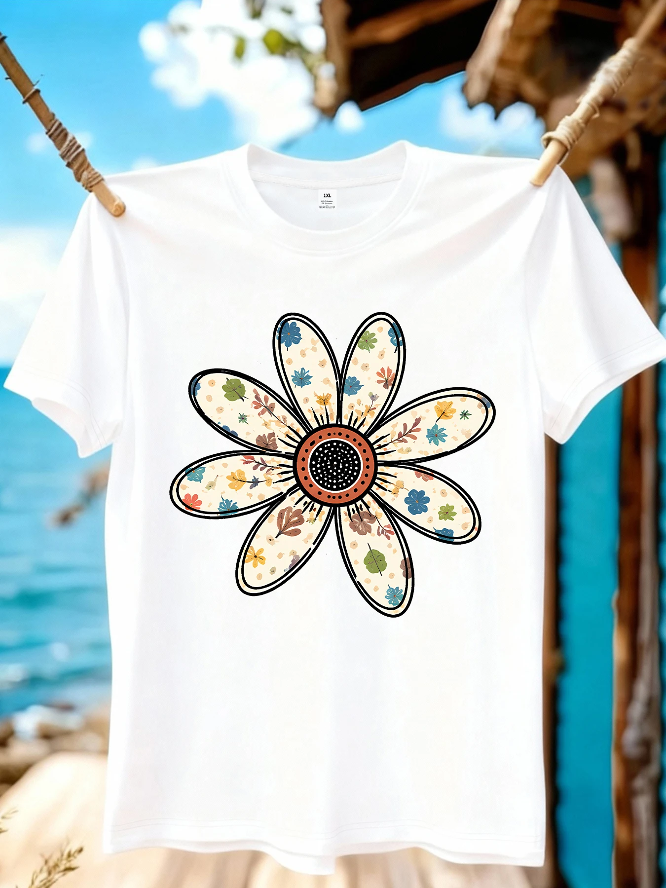 

【WZM10985】Creative flower print plus size women's round neck summer casual short sleeved street fashion versatile T-shirt