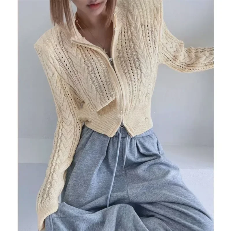 جديد بلون مكتب عارضة أعلى تريكو الخريف المرأة أزياء طاقم الرقبة طويلة الأكمام محبوك سستة سترة #3