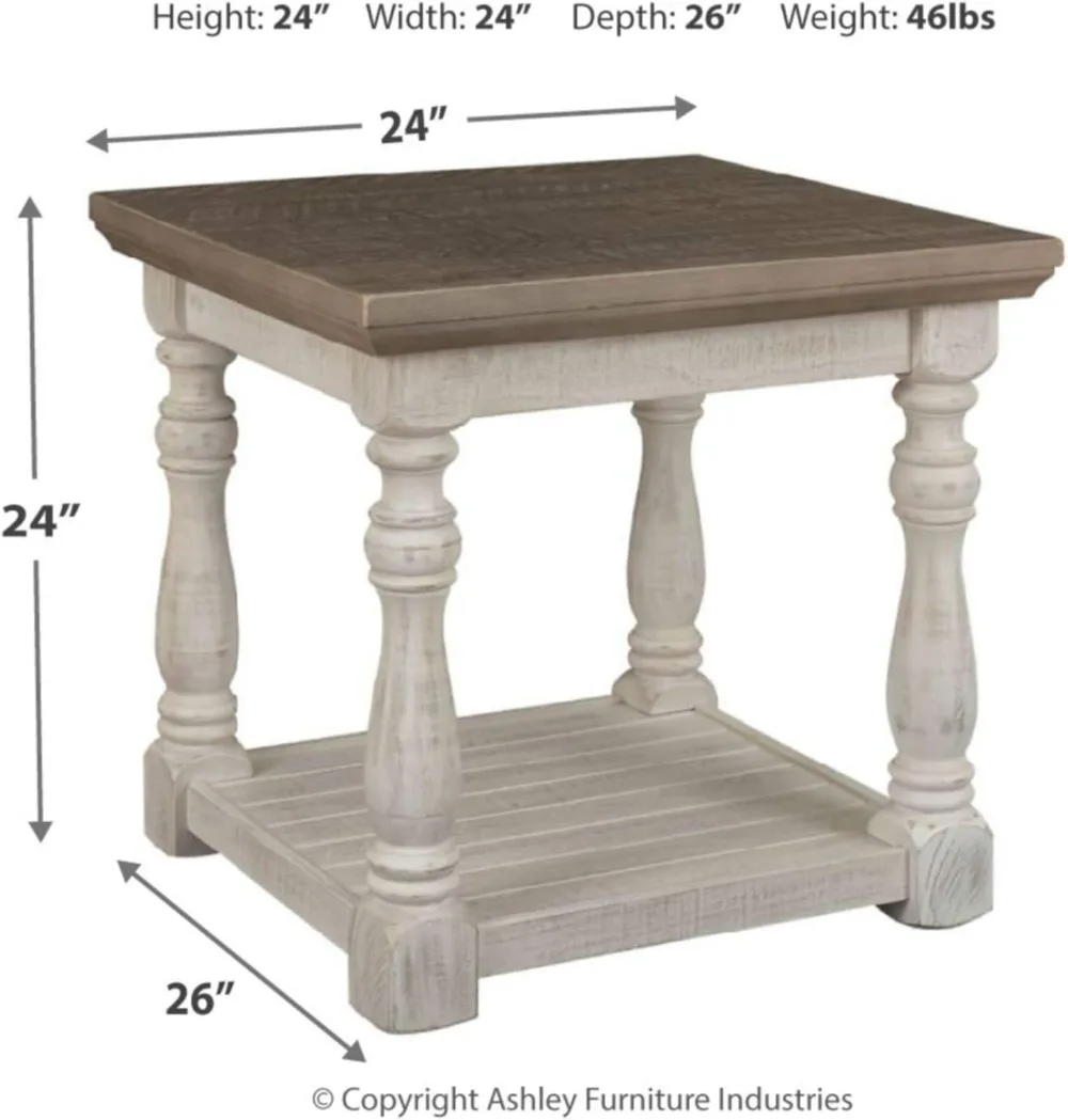 Farmhouse Square End Table com prateleira de chão, design de assinatura Ashley Havalance, cinza vintage e branco, acabamento resistido