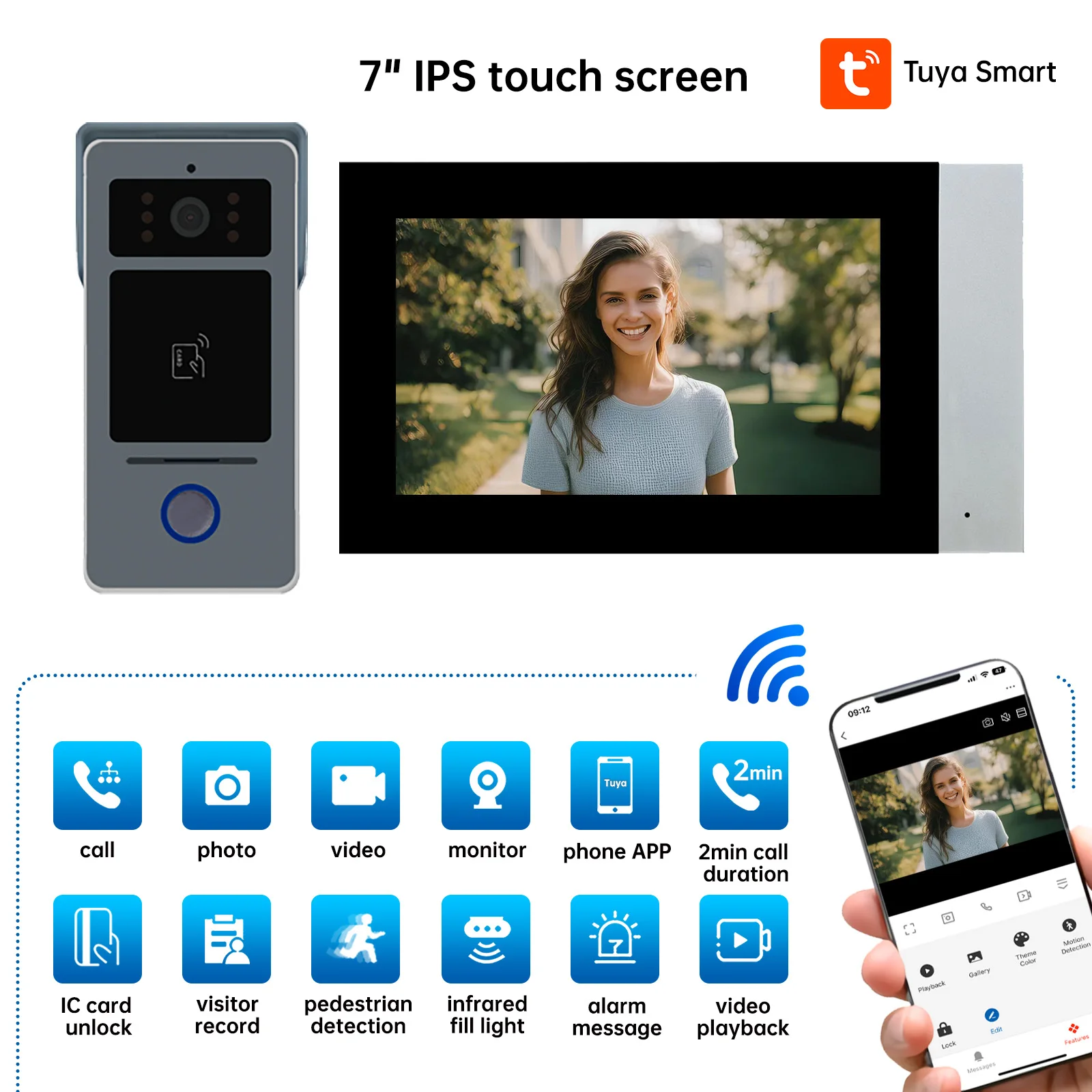 نظام اتصال داخلي عبر الفيديو 2-سلك 7 بوصة LCD 2 ميجابكسل كاميرا تسجيل الحركة RFID فتح للهواتف المنزلية الذكية Tuya #2