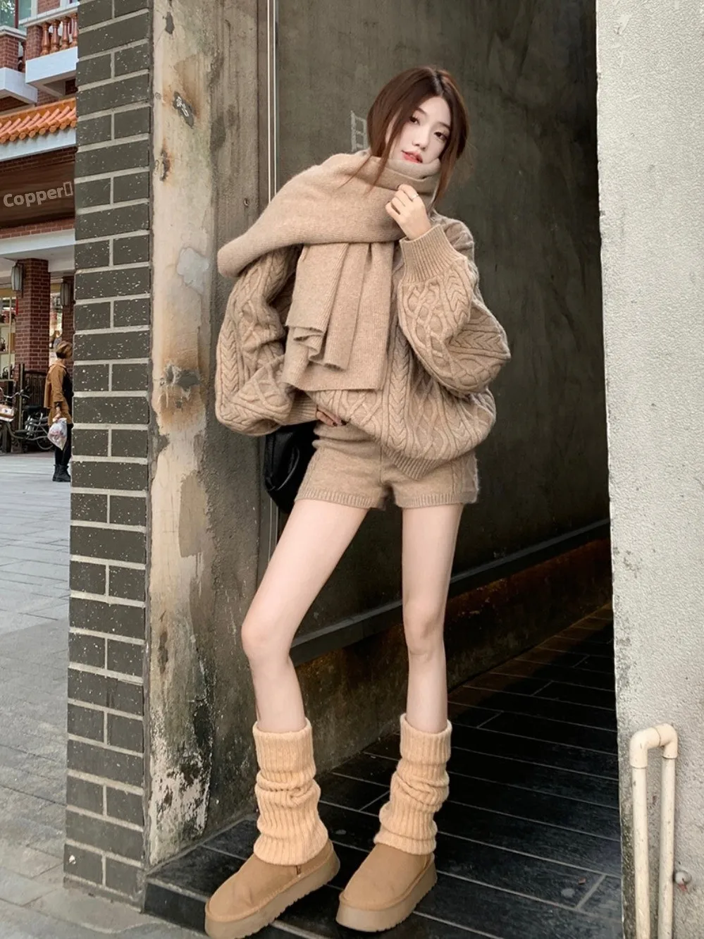 Casual Knitted High Waist Long Sleeve Women's Set Loose Twist Sweater Warm Thermal Polyester Fiber Umbrella Pants Commute