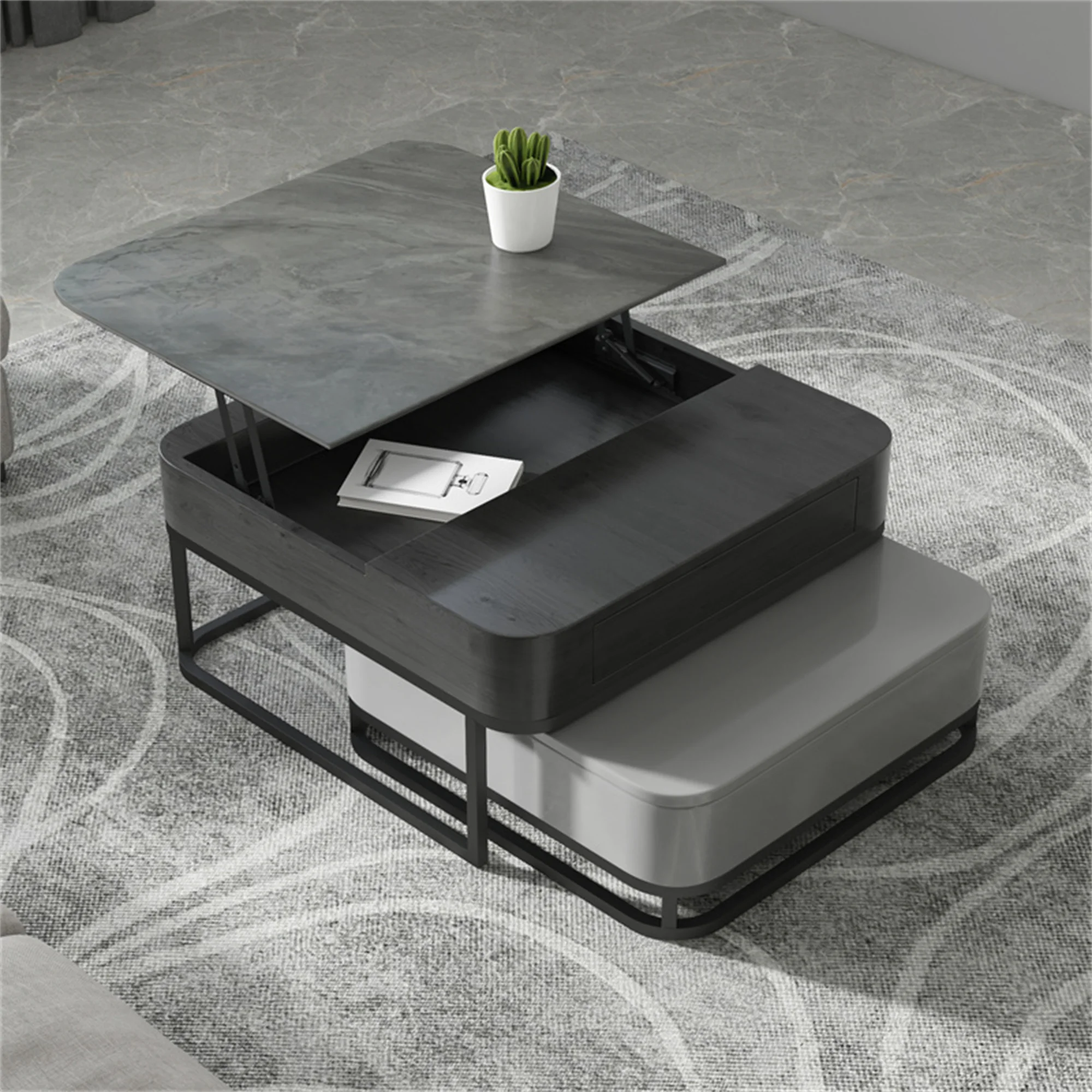 

Modern Square Lift Top Coffee Table Gray With Nesting Drawer Storage Office Living Room