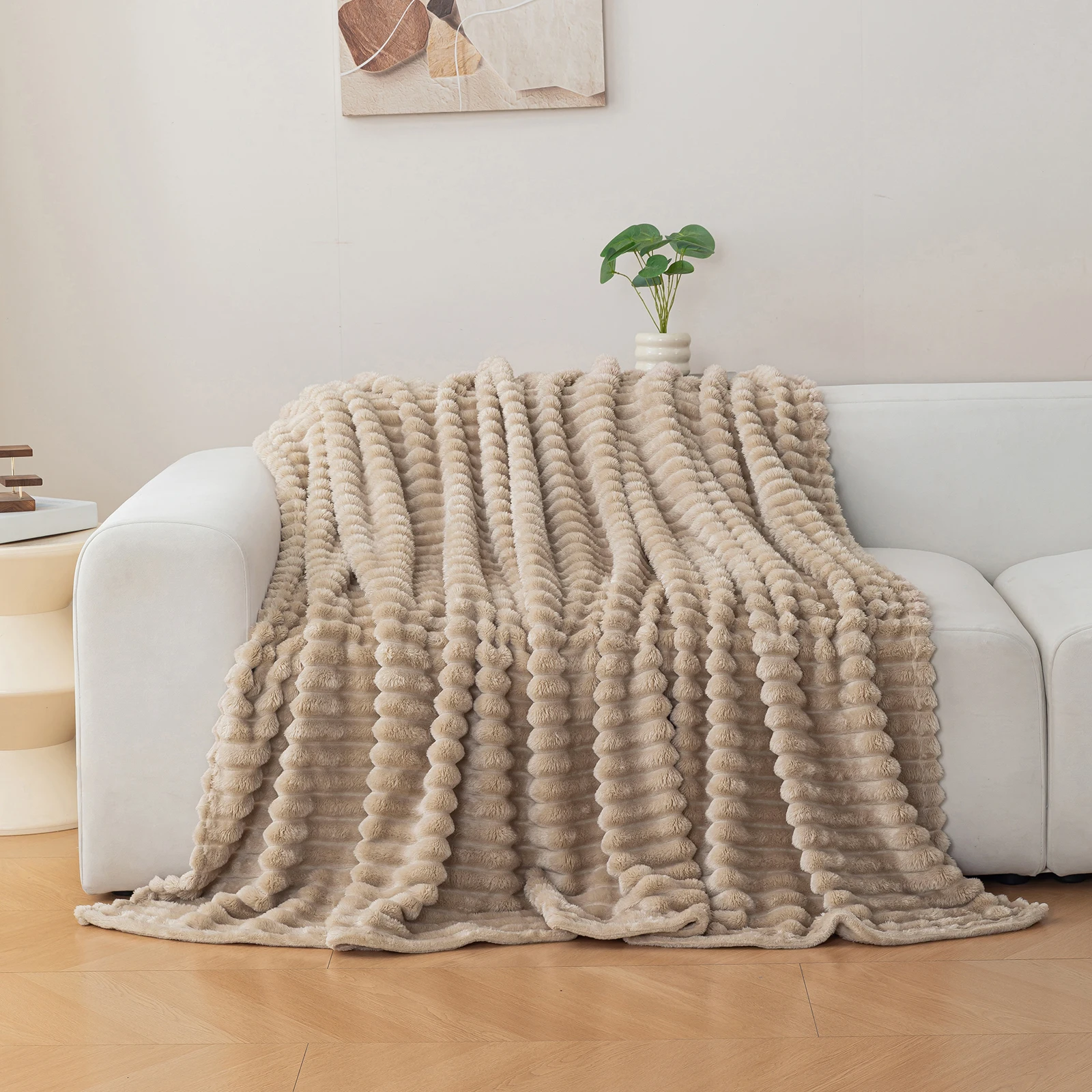 1 Stück gestreifte, einfarbige Flanelldecke, weiche und bequeme Überwurfdecke, geeignet für Sofas, Betten und Reisen, vielseitig einsetzbar – Detail 20