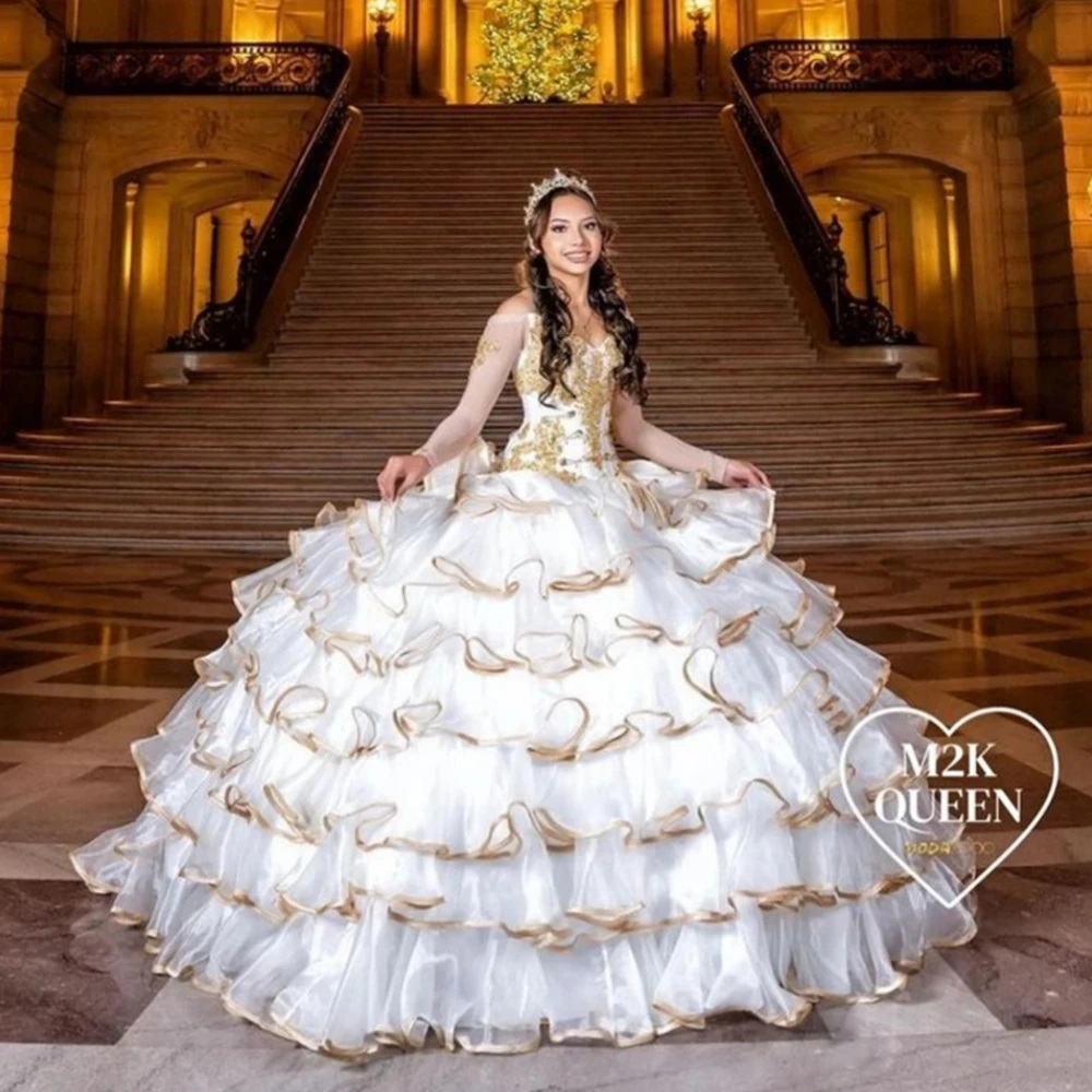 

Puffy Charro Quinceanera Dresses Ball Gown Long Sleeves Tulle Tiered Appliques Mexican Sweet 16 Dresses 15 Anos