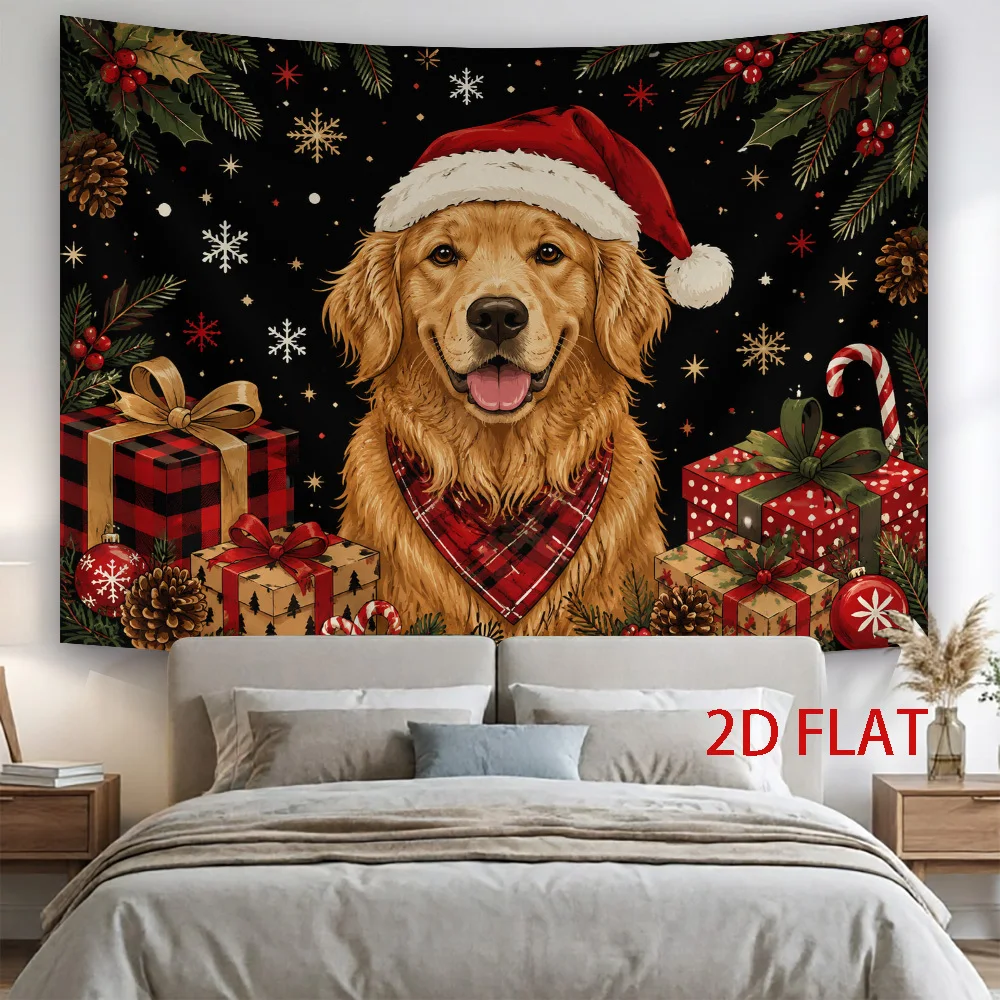 Golden Retriever Christmas Tapestry, Cute Dog Santa Hat Wall Hanging, Festive Pet Decor, Xmas Gift Box Art Cloth, Living Room