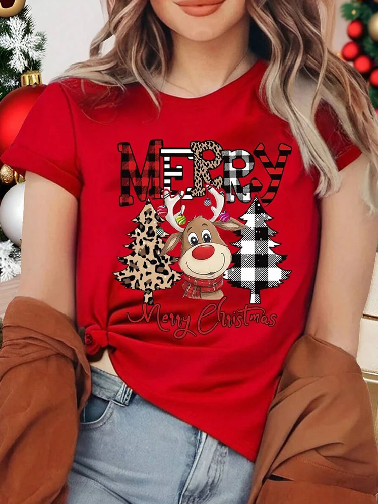 Cute Reindeer Leopard Print Women Christmas T Shirt Casual Cartoon Christmas Tree Graphic Short Sleeve Female T-Shirt