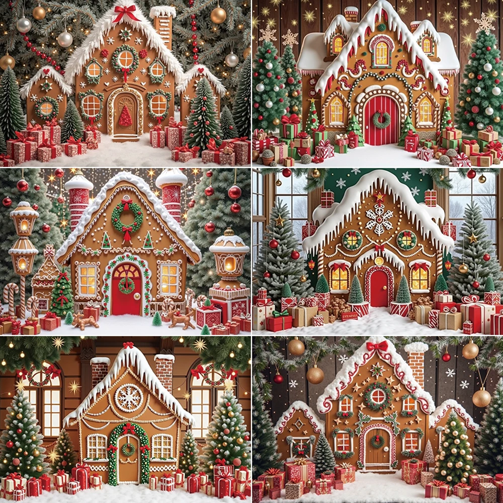 

MOON.QG Christmas House Backdrop Photography Gingerbread Xmas Trees Gifts Photozone Background Baby Studio Photocall Accessories