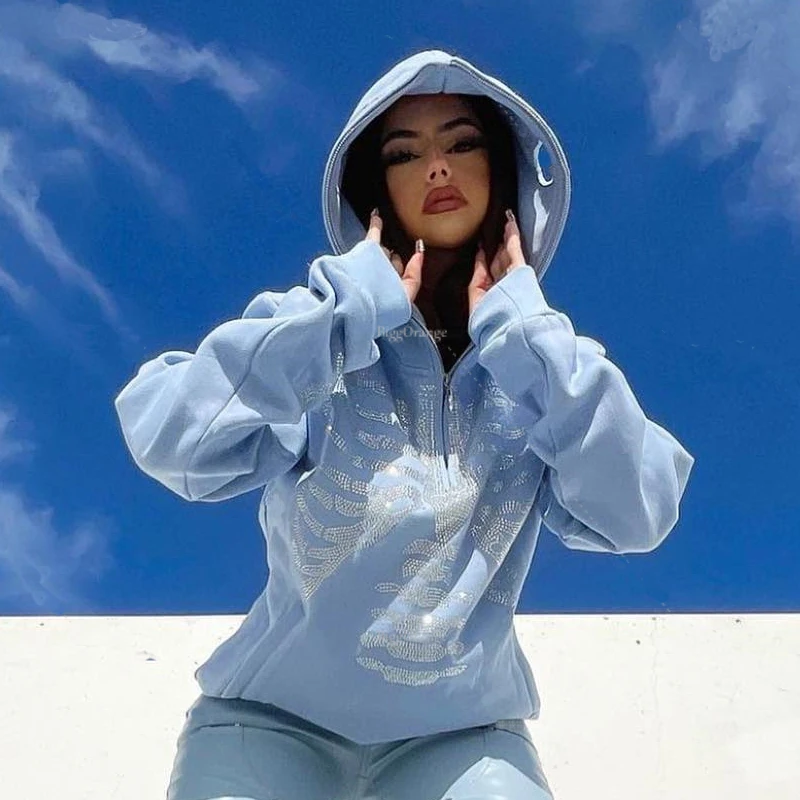 

Skeleton Rhinestone Zip Up Hoodie Men Women Oversized Sweatshirt Y2k Fashion Hoodies Punk Harajuku Long Sleeve Streetwear Top