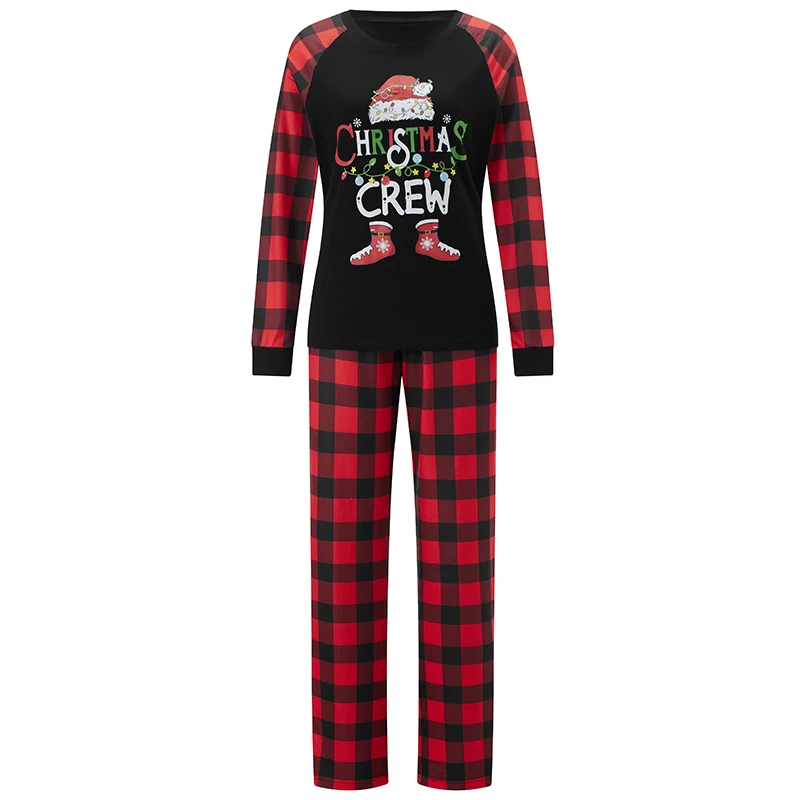 Christmas Family Pajamas Matching Set Letter Santa Hat Print Long Sleeve Tops and Plaid Pants Sleepwear