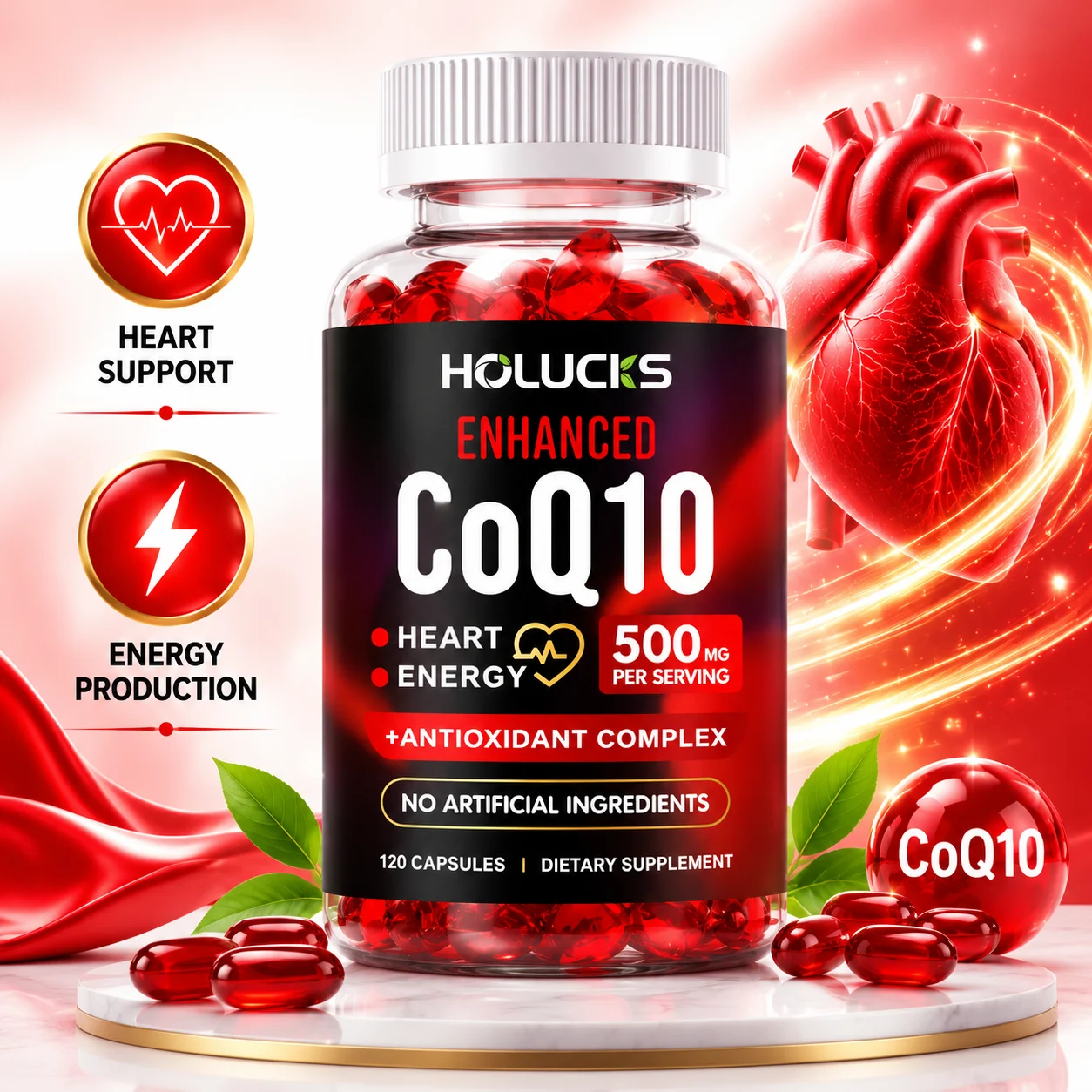 Pure Coenzyme Q10 Supplement, with Citrus Bergamot, Trans-Resveratrol, Flaxseed Oil, Skin & Heart Care, Immune, Vitality Support