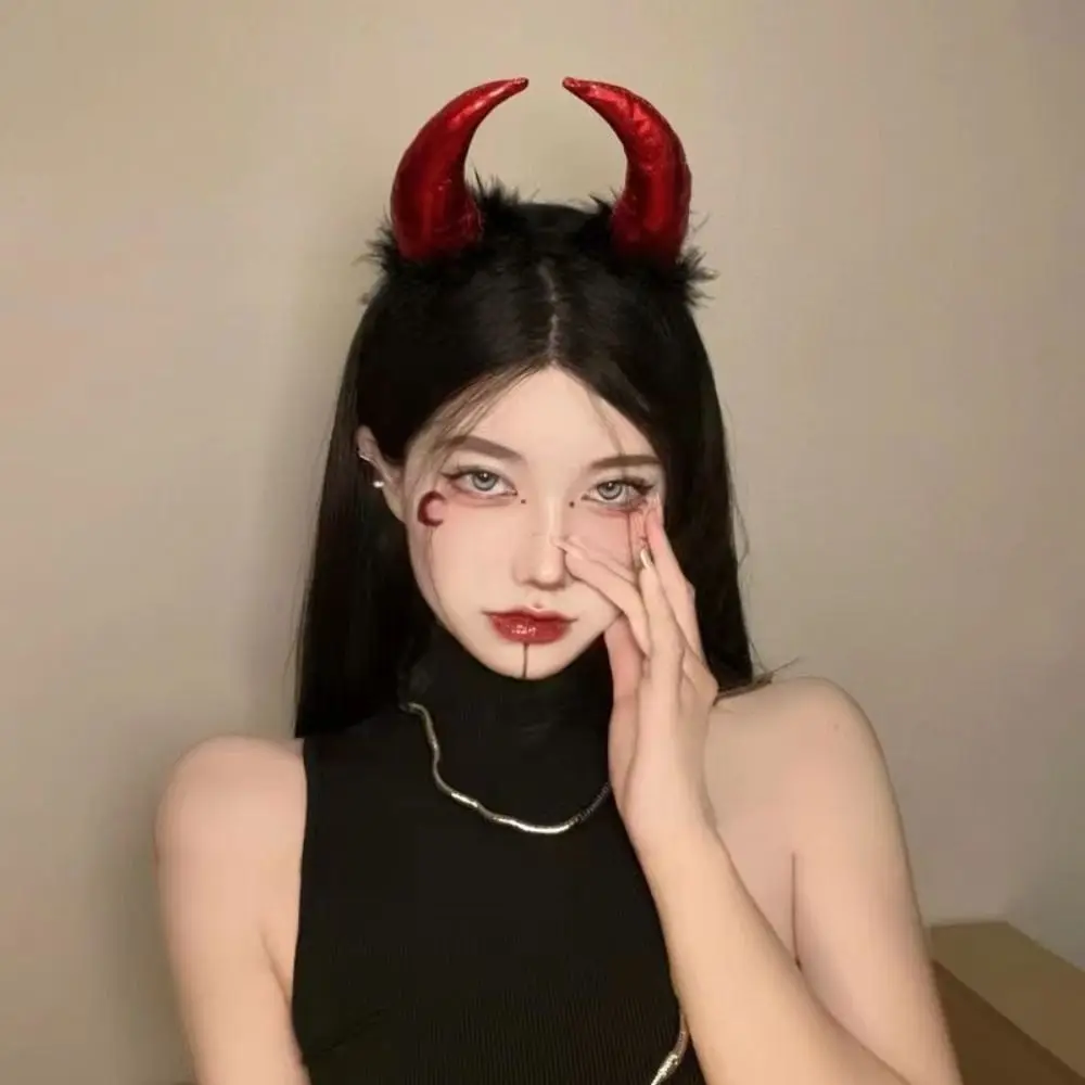 Disfraz rojo diadema con cuernos de diablo, accesorios para el cabello, decoraciones, banda para el cabello de Halloween, diadema gótica con purpurina para fiesta de Halloween para adultos