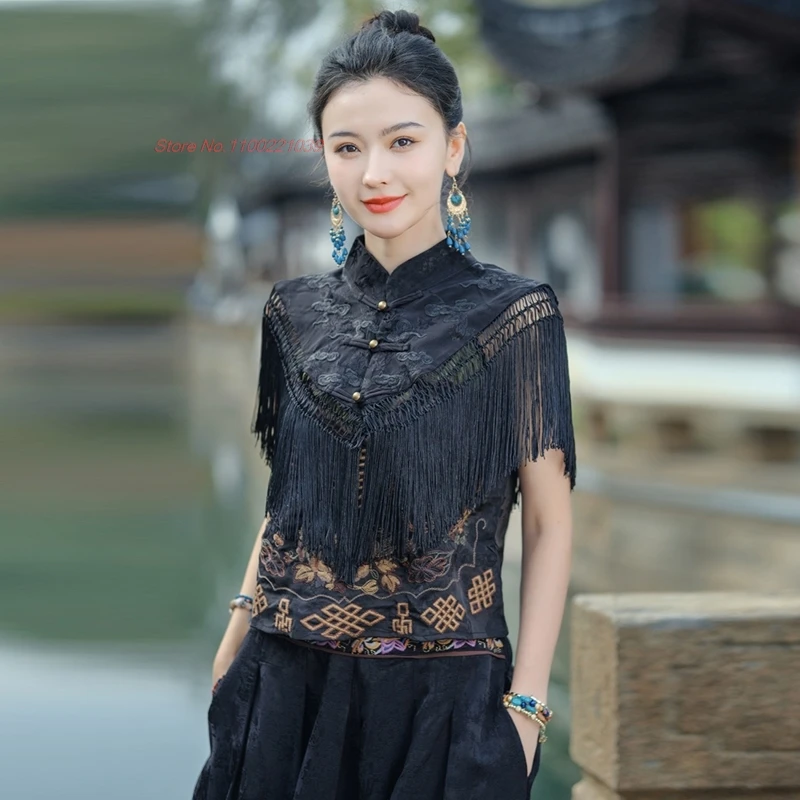 2024 chinese folk shawl cloak coat cape national flower embroidery cape hanfu accessories oriental ancient ethnic tassels tops