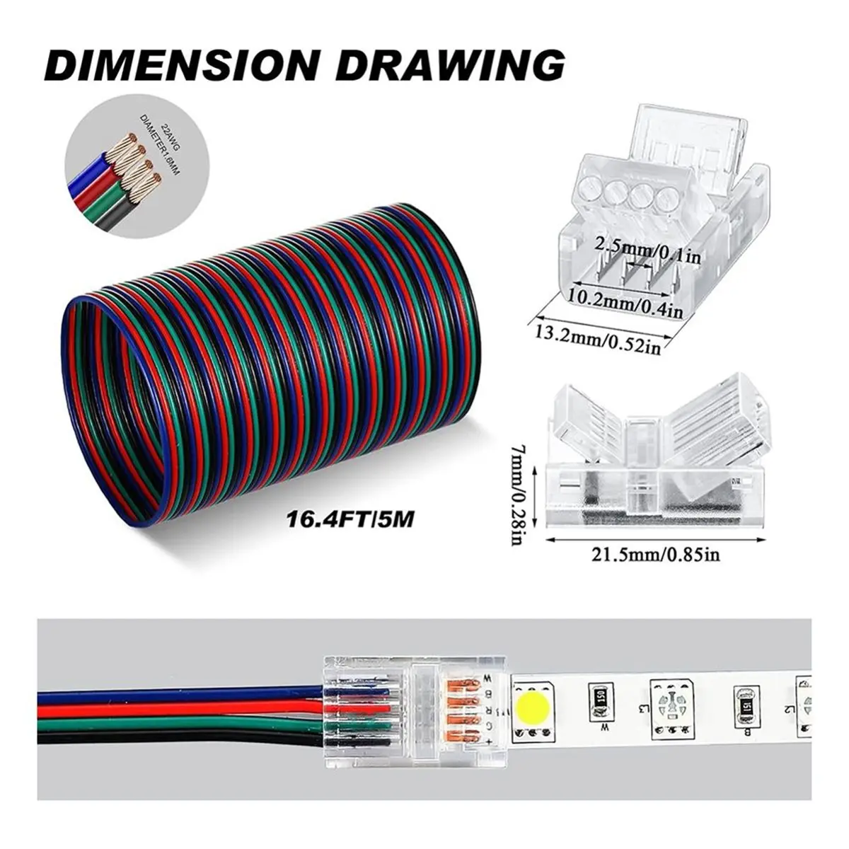 Light Weight 20 Pack 4 Pin 10mm Solderless LED Strip Connector Transparent Track Lighting LED Pin Connectors with Wire Strip 16.