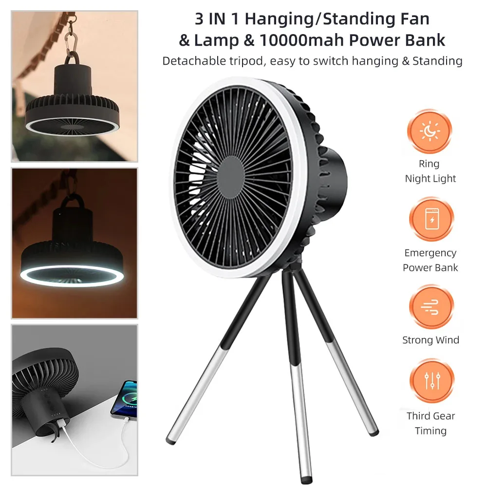 Portable LED Light Tripod Stand Desktop Fan Camping Fan USB Rechargeable Multi-functional Fan In/Outdoor Camping Ceiling Fan