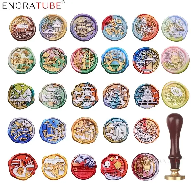 DIY Retro Antique Brass Koi Bridge Umbrella Fan Sealing Wax Seal Stamp For DIY Wedding Invitations Decor Ancient Wax Stamp Craft