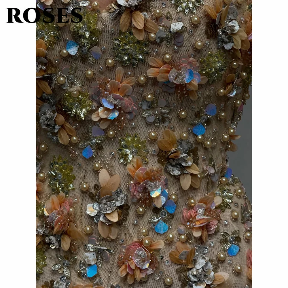 Gaun Pesta Champagne ROSES Model Sweetheart Mermaid dengan Hiasan Bunga 3D فساتين السهرة Gaun Gala yang Dapat Disesuaikan