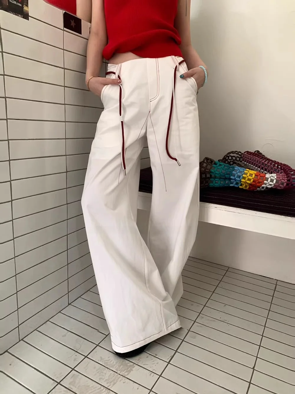 

Женские прямые хлопковые брюки для похудения, повседневный дизайн с завязками на талии, летние новые удобные брюки из чистого хлопка