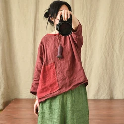 Oversized Women Long Sleeve Casual T-shirts New 2025 Spring Vintage Style O-neck Solid Color Female Cotton Linen Tops Tees M419