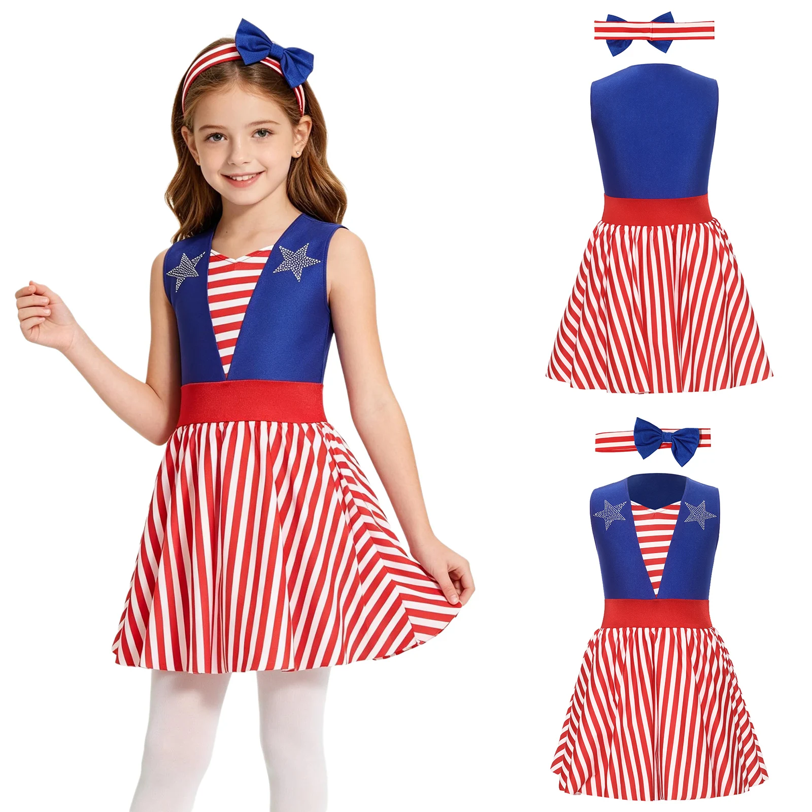Disfraz de Día de la Independencia del 4 de julio para niñas, vestido tutú con bloques de color a rayas y estrellas de diamantes de imitación con diadema de lazo para fiesta temática