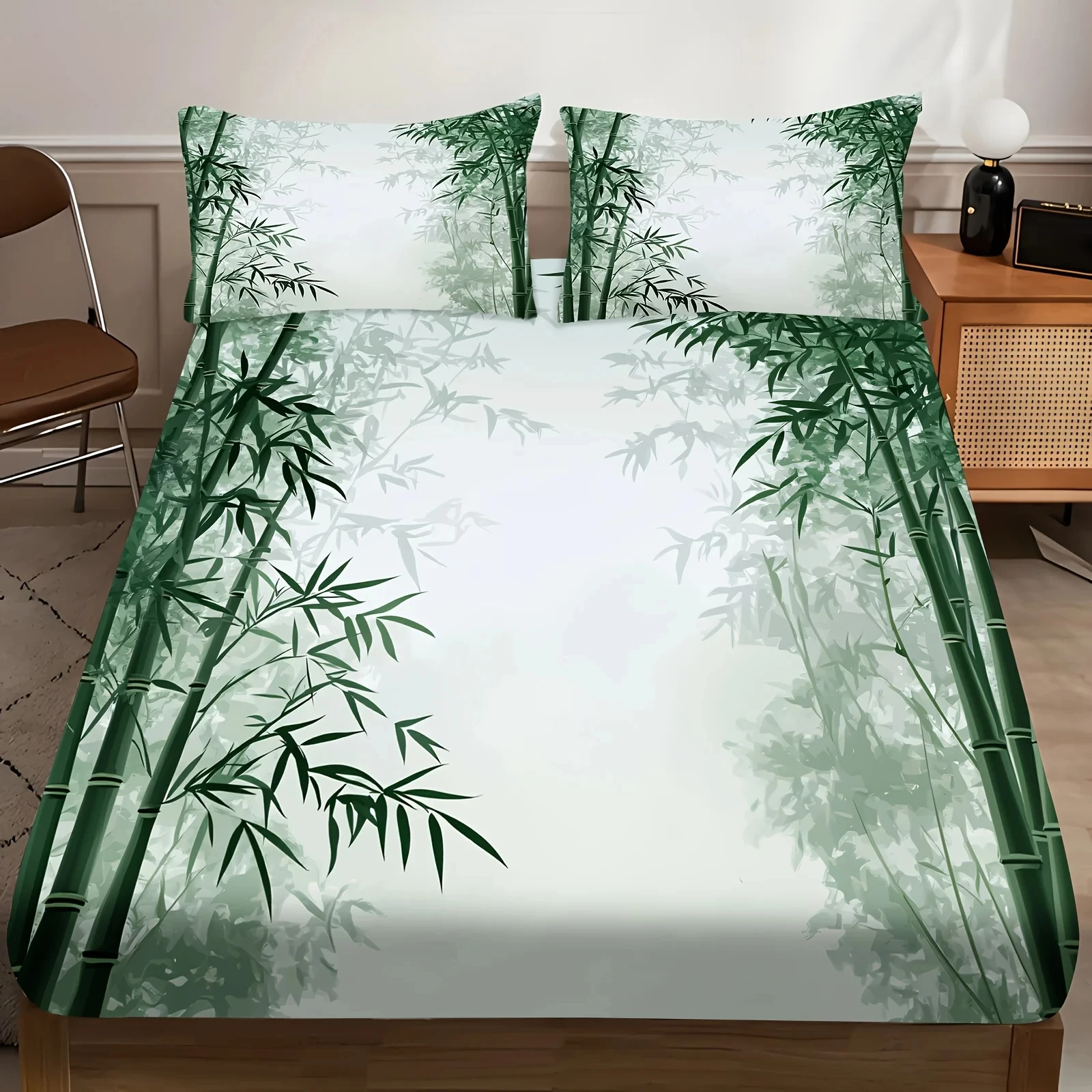 Bamboo Leaves Bedding Set Twin Queen Size Ink Art Bed Set for Girls Teens Bedroom Decor Nature Botanical Bamboo Fitted Sheet