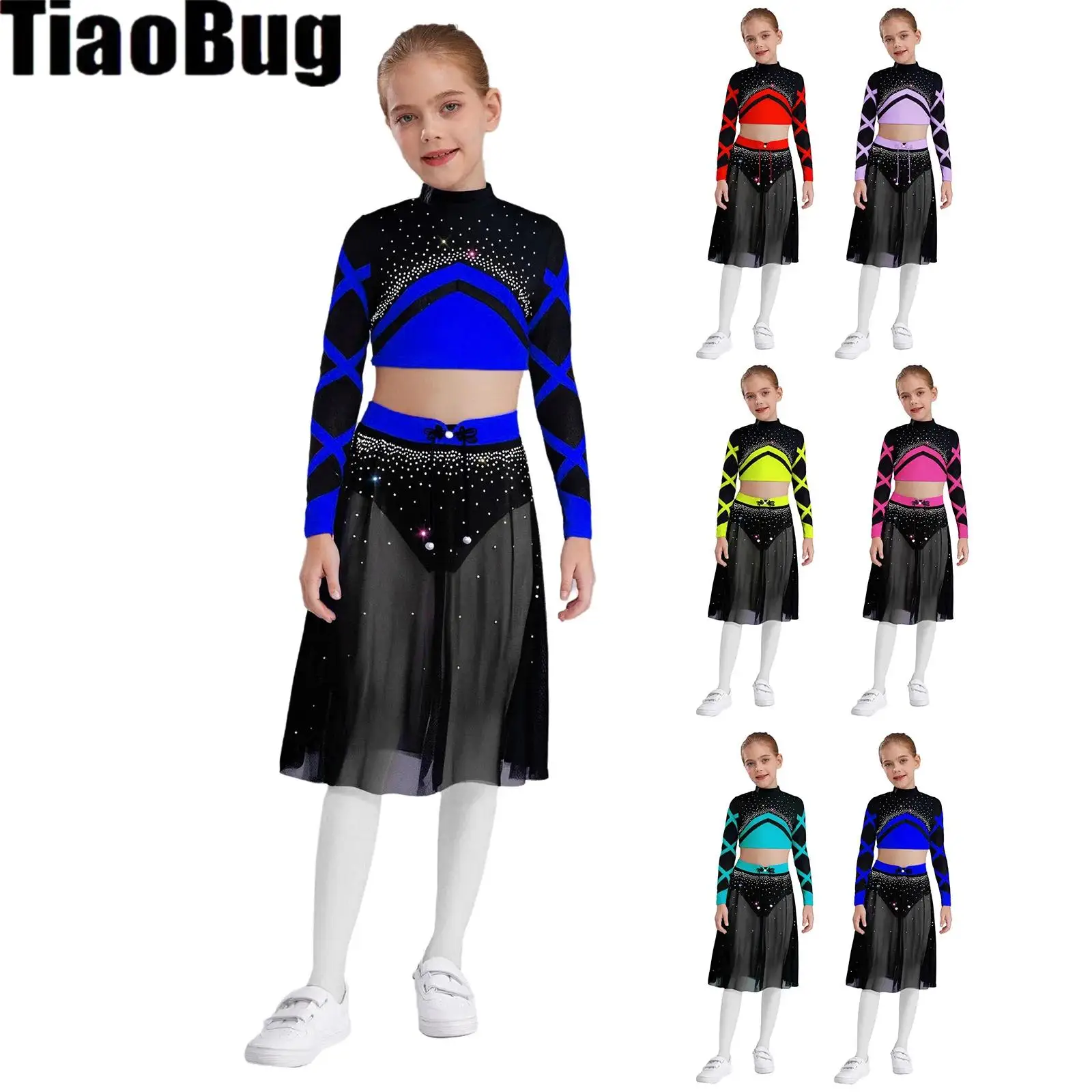 Traje de baile de malla para niñas, bloque de Color, manga larga, ojo de cerradura en la espalda, Top corto con diamantes de imitación brillantes y falda dividida lateral con botón de nudo