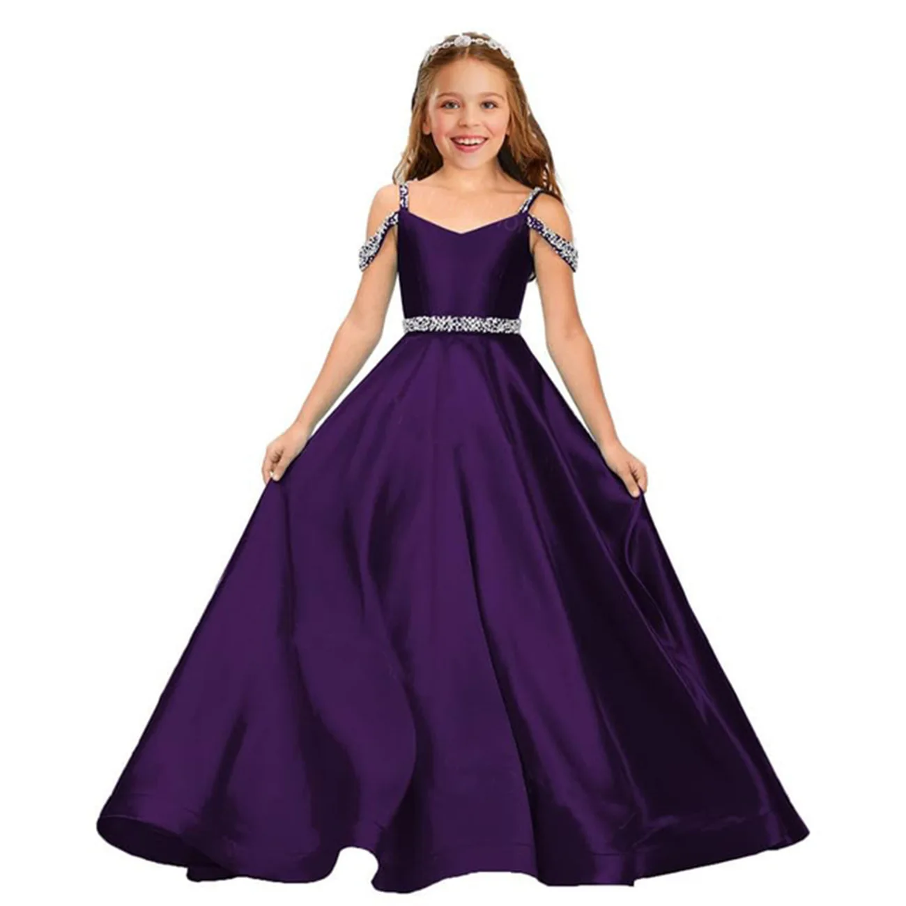 Eleganti abiti da festa di nozze per bambini in raso con perline lunghe con spalle scoperte compleanno Flower Girl Dress abiti da sera formali per ragazze