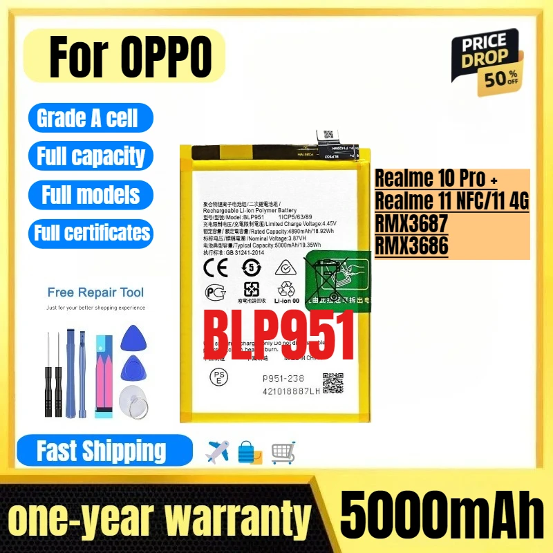 

BLP951 for OPPO Realme 10 Pro +/Realme 11 NFC/11 4G/RMX3687/RMX3686 Phone Battery High Quality High Capacity Replacement Bateria