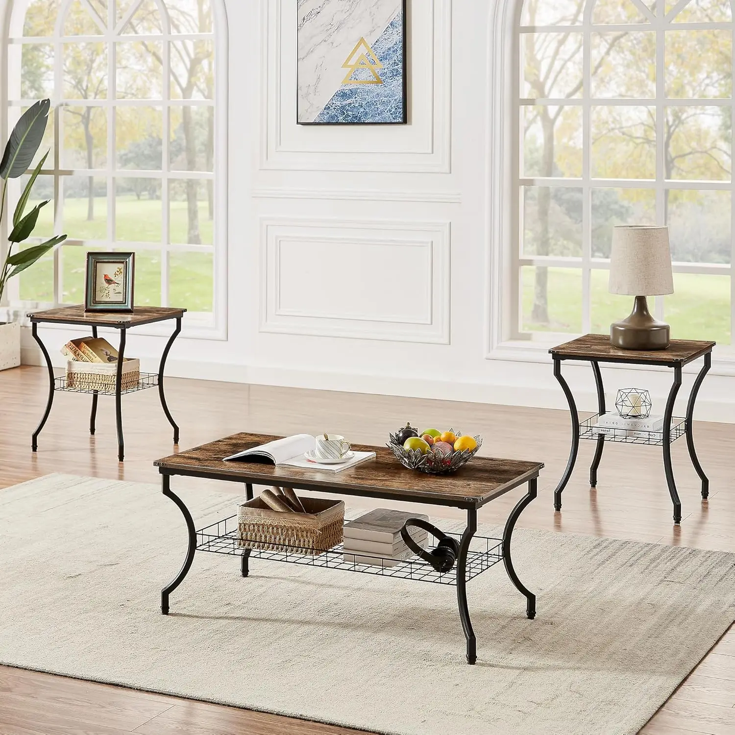 

3-Piece Living Room Table Set with Storage Shelves, Brown Industrial Style Coffee and End Tables for Small Spaces