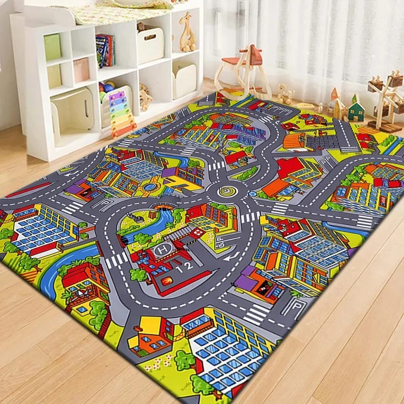 Colorful Kids City Map Play Mat Carpet Road Traffic Adventure Area Rug for Children's Playroom Bedroom Educational Toy Game Mat