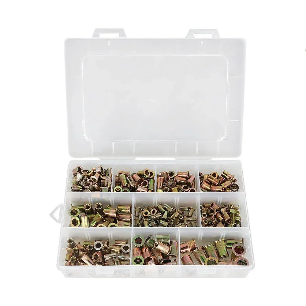 220 ชิ้น M3 M4 M5 M6 M8 M10 M12 Rivet Nuts แบนหัวเกลียวใส่ Nutsert Cap สําหรับ Riveter Nut Gun เหล็กคาร์บอนชุบสังกะสี