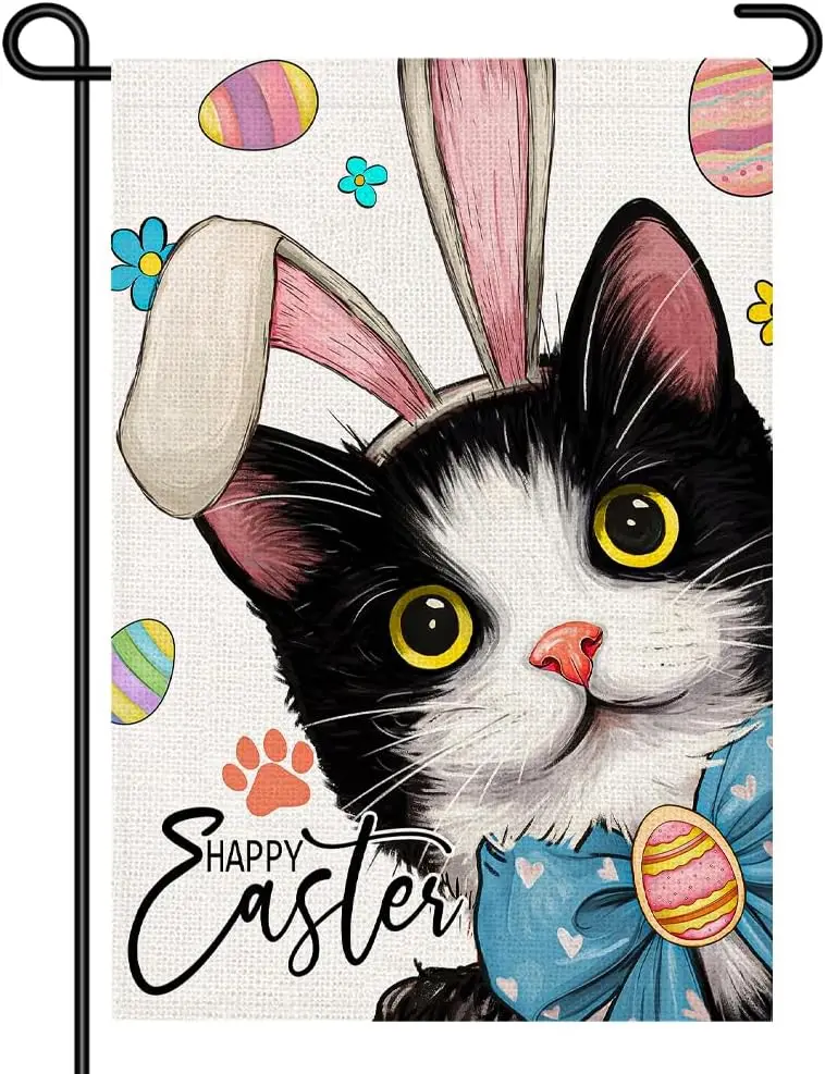 Easter Cat Garden Flag 12x18 Double-Sided Small Yard Flag – Cute Kitty with Bunny Ears Spring Outdoor Decor for Easter Porch ZZM