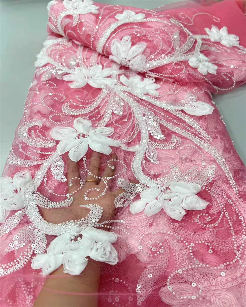

French Sequins Net Lace Fabric 2025 High Quality 3D African Nigerian Embroidery Tulle Party Lace Fabric