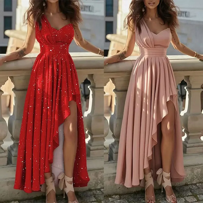Elegant Party Dress for Woman Wedding Guest Long Red V Neck Sleeveless Dresses High Waist Evening Dress Floor Length Maxi Dress