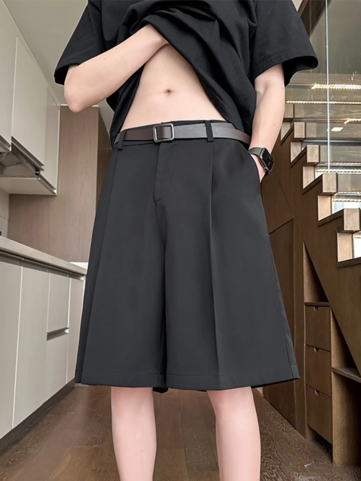 

Cleanfit Ice Silk Suit orts Men's Summer Thin Neapolitan Drape Straight Leg Haome Five-Quarter Pants Casual Youthful