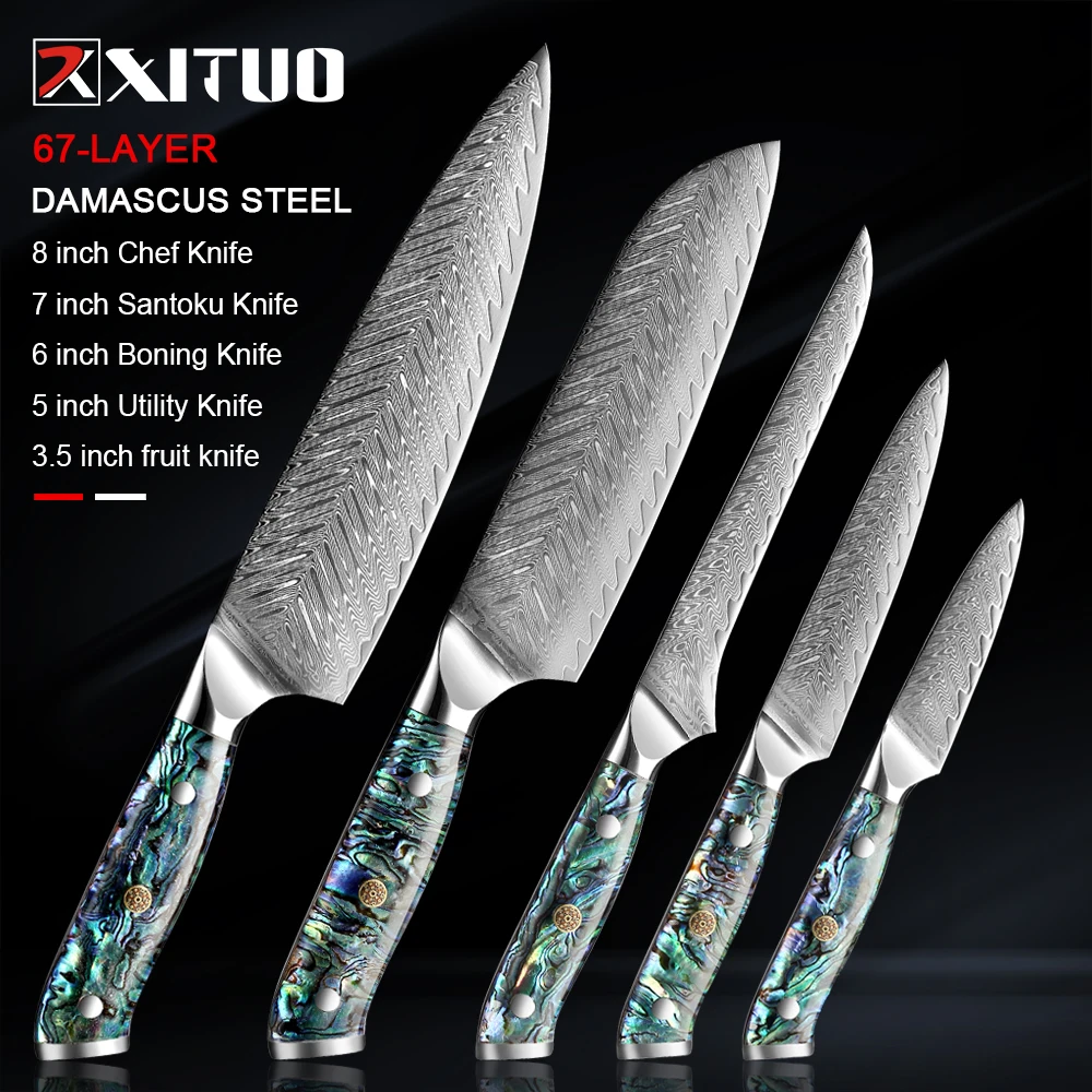 XITUO Luxury Damascus Chef Knive Set Feature Shell Handle Chef Knife Meat Slicing Cutter Utility Santoku Knife Kitchen Cooking