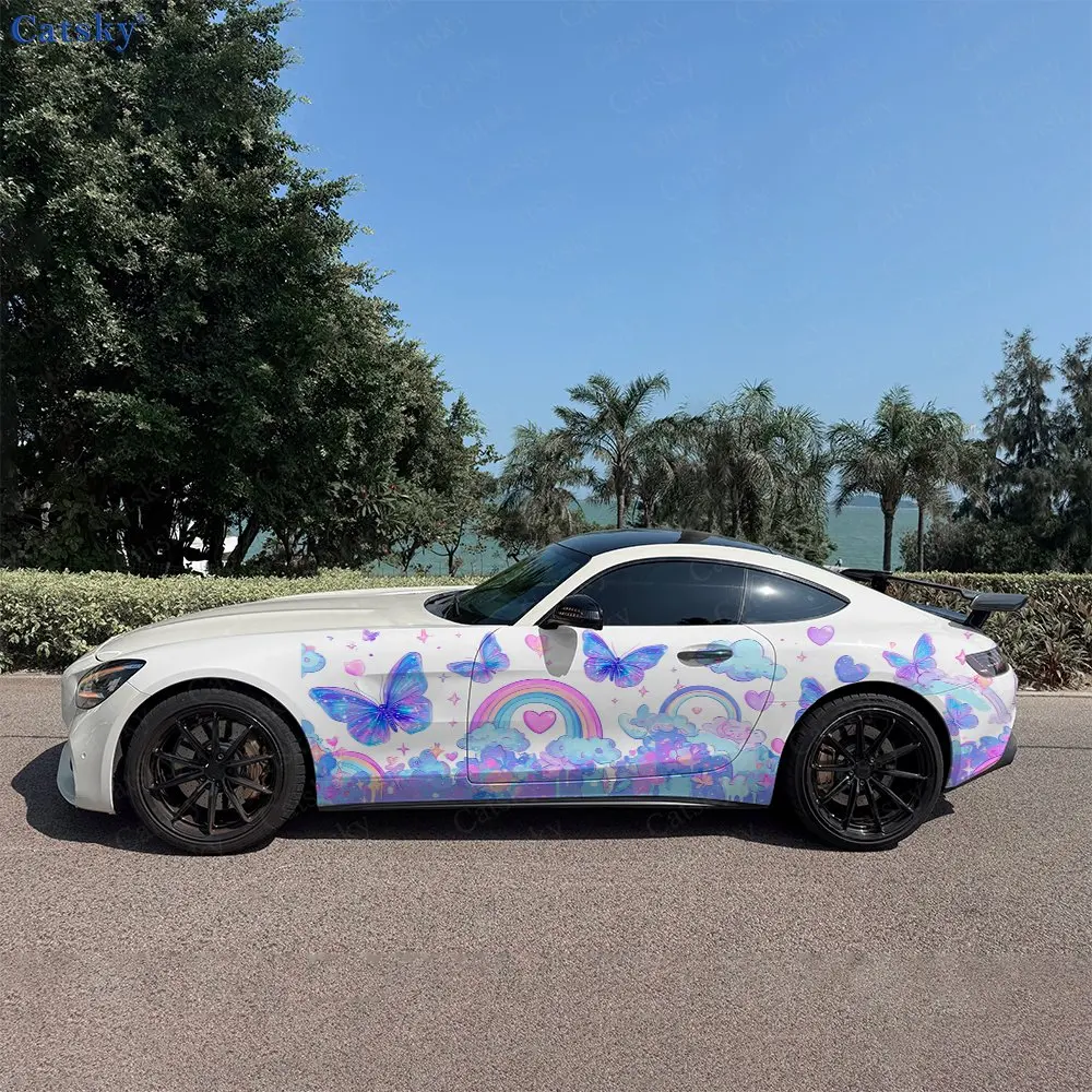 2pcs Gradient Butterfly Rainbow Heart Car Side Wraps, Self-Adhesive PVC Waterproof & Scratch-Resistant Stickers, Car Accessory