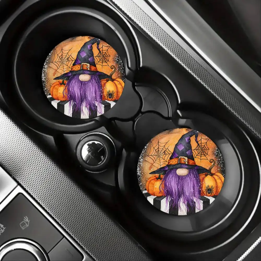 Purple Bearded Dwarf & Pumpkin Halloween EVA Car Coasters Anti-Slip Thermal Insulation For Car Bar Cafe Office Table