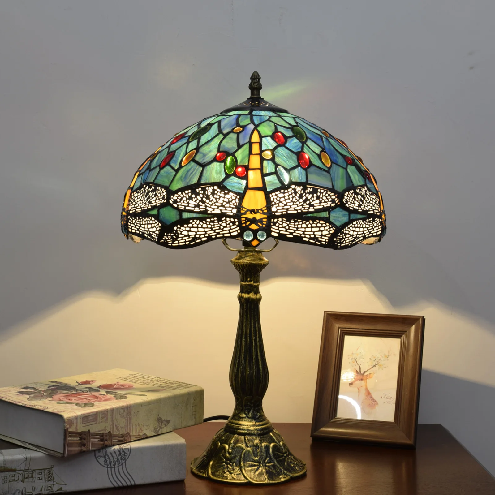 Tiffany Table Lamp,12 inch Stained Glass Style Dragonfly Antique Reading Light for Bedside Living Room Office Decor Home