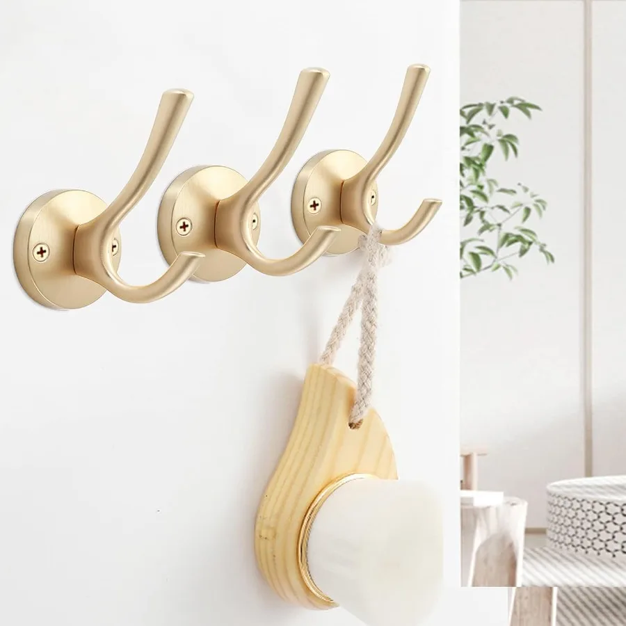 Gold Wall Hooks 6 Pack Heavy Duty Metal Double Coat Robe Hook Wall Mounted for Bathroom Cubicle Kitchen Closet Garage Durable H
