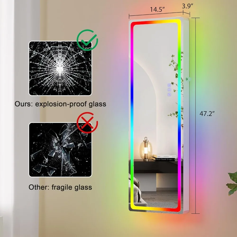 Armário de joias com espelho LED com luzes RGB, montagem na parede de 47,2 polegadas com espelho de comprimento total, vaidade dobrável, 2 gavetas, com fechadura