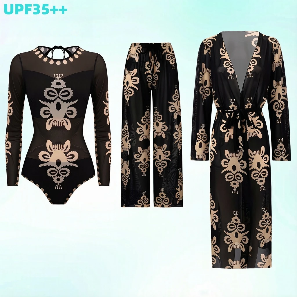 Women 3Pcs Vintage Totem Print Swimwear Set Long Sleeve Back Tie Mesh Rash Guard + Wide Leg Pants Belted Kimono Cover Up UPF35++